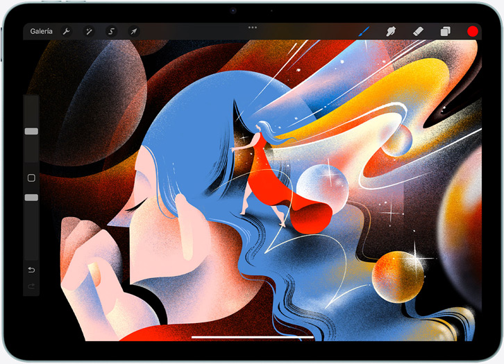 iPad Air en horizontal que muestra una ilustración en la app Procreate