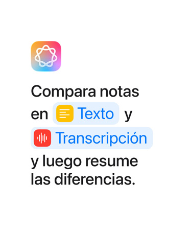 Mensaje «Compara notas en Texto y Transcripción y luego resume las diferencias» con las palabras «Texto» y «Transcripción» destacadas en azul, tal y como saldrían en la aplicación Atajos