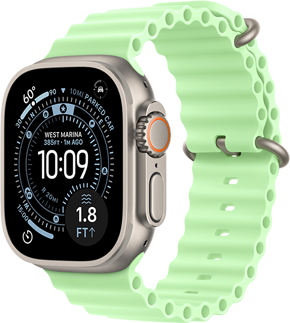 Apple Watch Ultra 3 com caixa em titânio natural, mostrador Orientação com as seguintes complicações: índice de UV, atividade, satélite, bússola, Digital Crown, microfone e botão lateral no lado direito, Bracelete Ocean verde‑néon