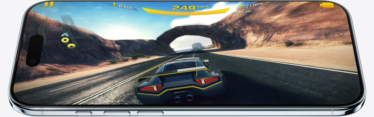 Vista frontal e lateral do iPhone Air a mostrar uma imagem estática de um jogo, e os botões Ação e de volume