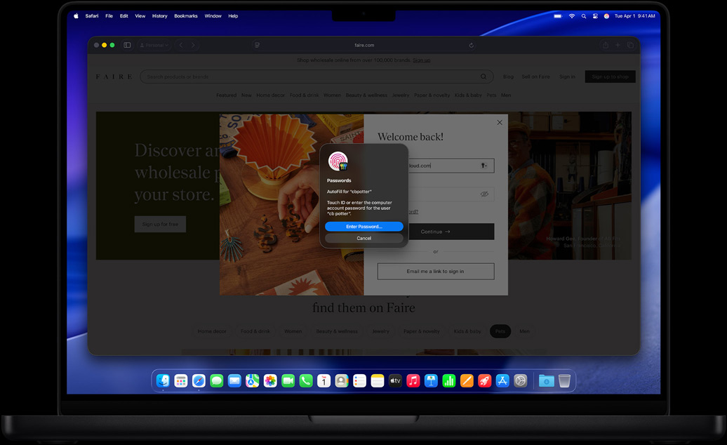 Dans Safari, une fenêtre invite la personne à utiliser Touch ID pour se connecter à un site web