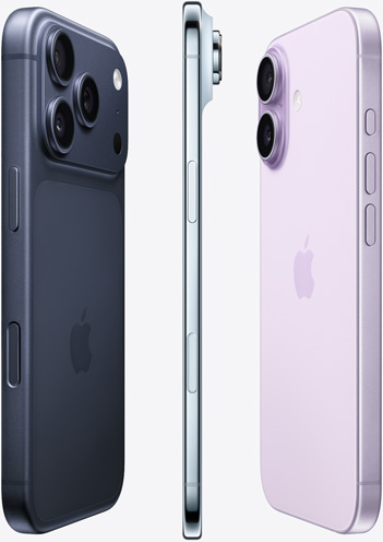 De camerazijde van iPhone 17 Pro in Diepblauw, zijprofiel van iPhone Air in Hemelsblauw en de achterkant van iPhone 17 in Lavendel, gepresenteerd in een waaiervormig patroon.