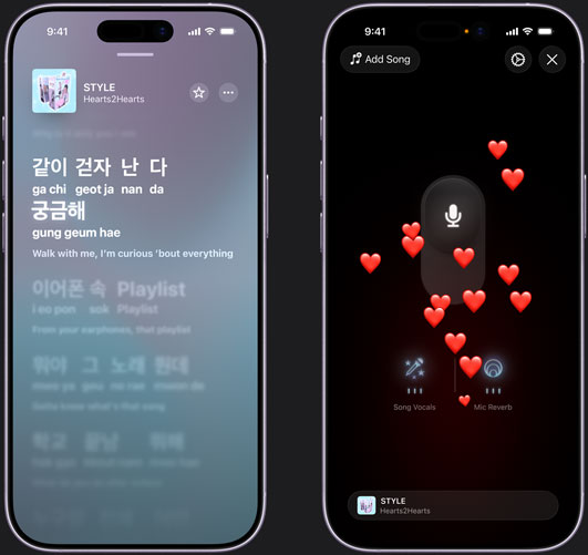 iPhone on left showing Apple Music Sing mode on iPhone playing “ILY” by Kapo and Myke Towers, iPhone on right showing Apple Music Sing mode on iPhone with heart emojis rising up from the bottom of the screen, microphone icon in middle of screen, “Song Vocals” and “Mic Reverb” icons at the bottom of the screen