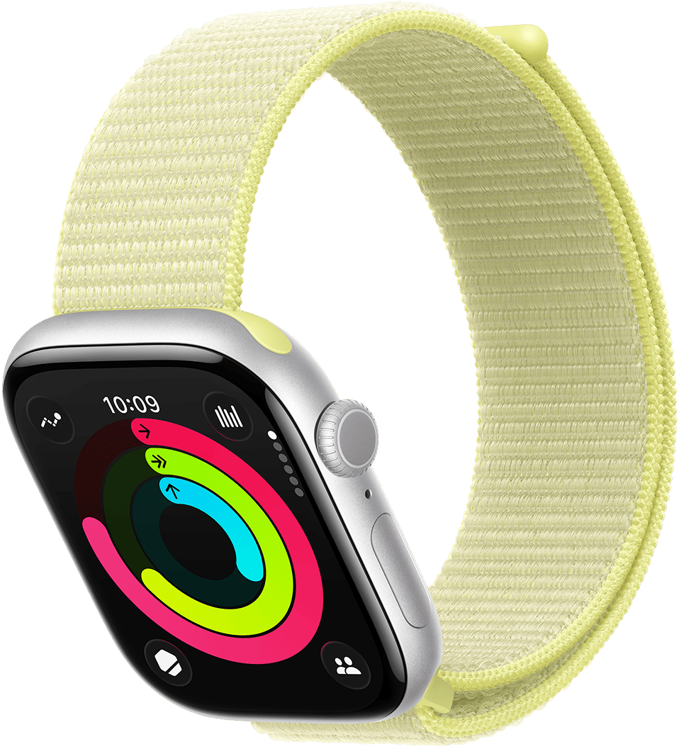 Apple Watch Series 11، لون رمادي فلكي، إطار ألومنيوم، حلقات النشاط: الحركة، التمرين، الوقوف، الجزء الخارجي الأيمن، قرص التاج الرقمي، زر جانبي، ميكروفون، الحزام، حزام Loop رياضي بلون أصفر نيون