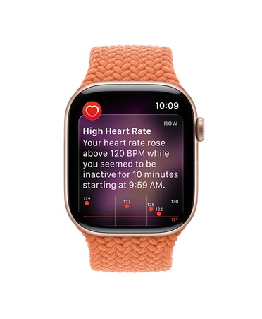 Apple Watch Series 11, aluminum case, gold color, High heart rate notification, Braided Solo Loop, turmeric color