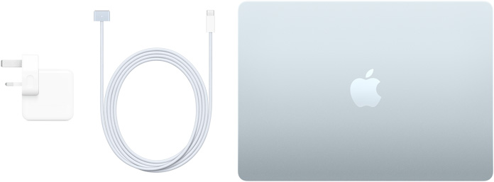 صورة لجهاز MacBook Air مقاس 13 إنش وكابل USB-C إلى MagSafe 3 ومحول طاقة USB-C بقدرة 30 واط