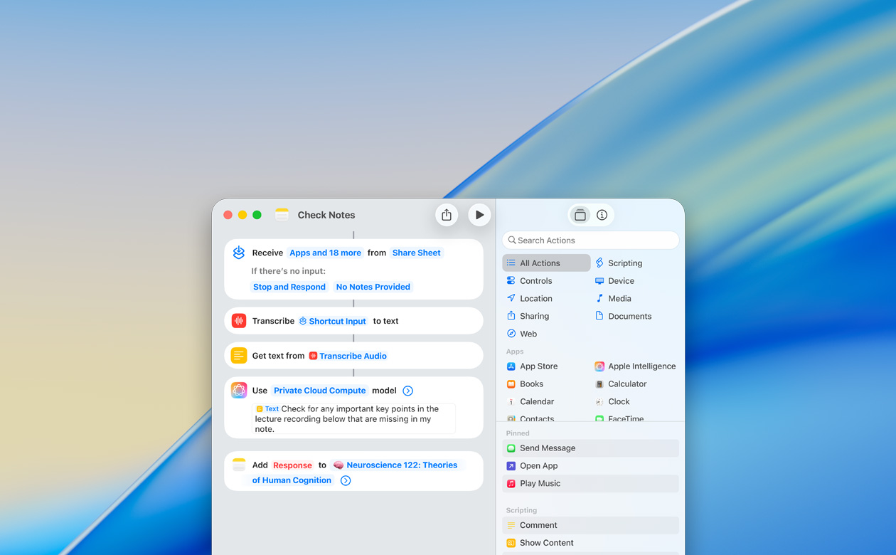 Close up of user building a shortcut with the Use Model action in the Notes app