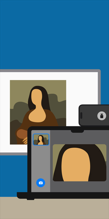 Ilustración animada de la app Lupa en la pantalla de un MacBook en la que se amplía la imagen de la Mona Lisa en la pizarra de un aula