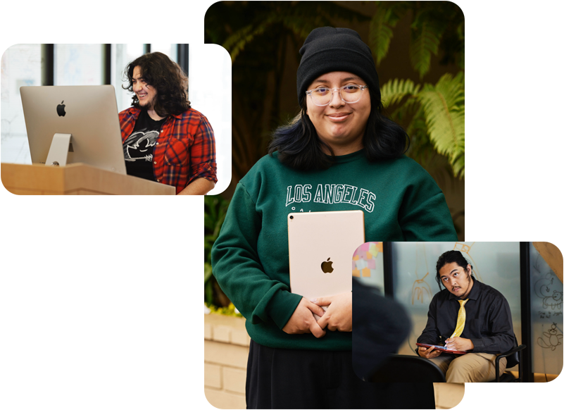 Tres fotos de estudiantes del programa Exceptional Minds. Uno está trabajando en un ordenador Mac, otra sale sosteniendo un iPad con la parte trasera del dispositivo hacia afuera y un tercero dibuja en el iPad el modelo que tiene delante con el Apple Pencil