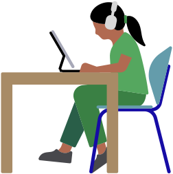 Una persona con AirPods usa un iPad mientras está sentada en un escritorio