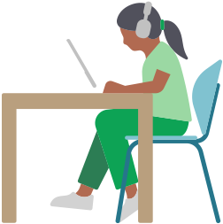 Woman wearing AirPods Max and using an iPad while sitting at a desk