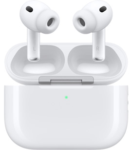 Unos AirPods Pro dentro del estuche de carga con la tapa abierta.