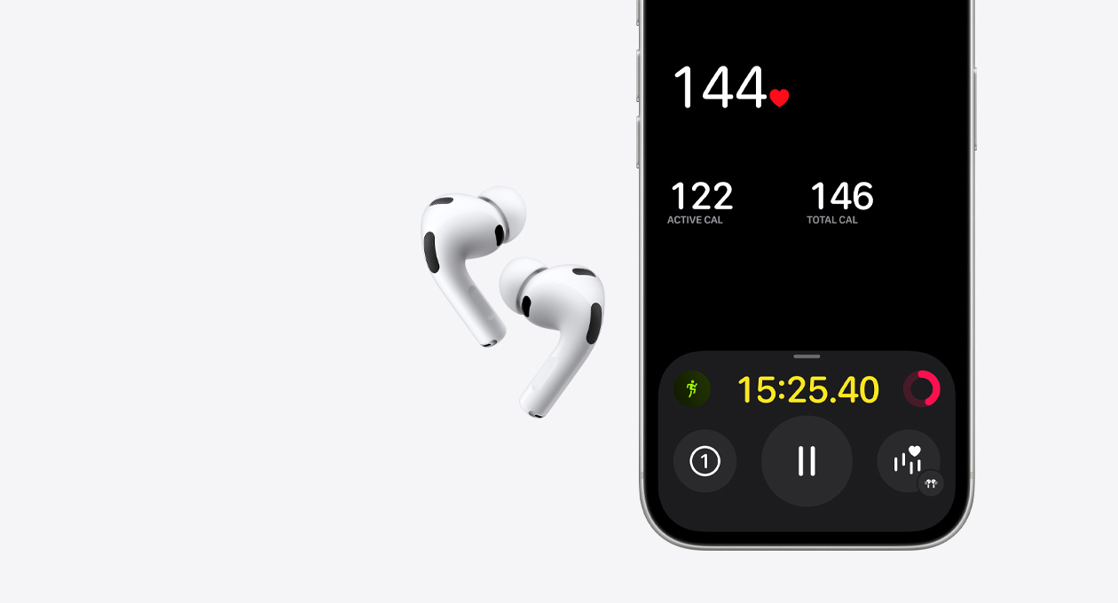 AirPods Pro 3, kleur wit, onderste schermhelft van een iPhone 17 Pro, Conditie-app, feature voor hartslagmeting