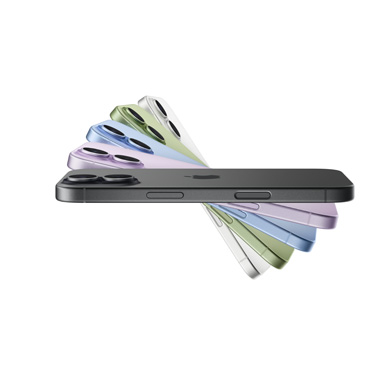 Cinco dispositivos iPhone 17 dispuestos en abanico, en negro, lavanda, azul neblina, verde salvia y blanco, respectivamente. Todos en vista lateral, con la parte superior del que está en primer plano en negro con el logo de Apple en la parte trasera del teléfono.