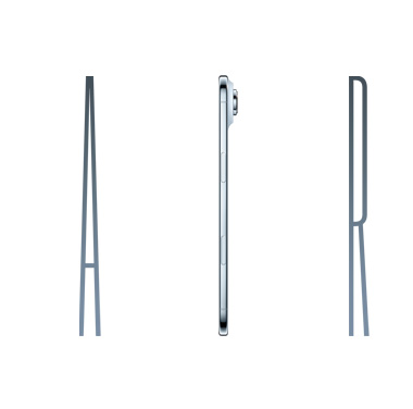 La palabra Air, escrita en letras finas y cromadas. La I de Air es una vista lateral de un dispositivo iPhone Air en azul cielo. Muestra un botón y parte de un objetivo que asoma por arriba a la derecha.