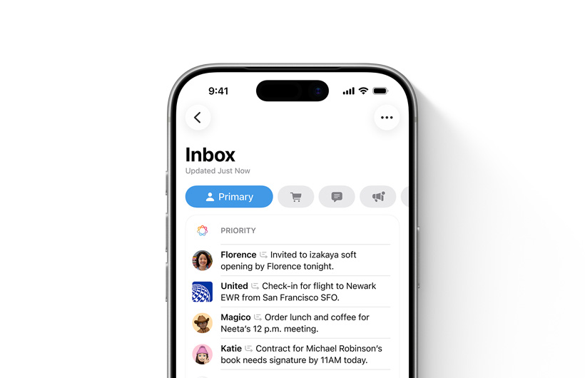 iPhone a mostrar a caixa de entrada da app Mail com as mensagens importantes na parte superior