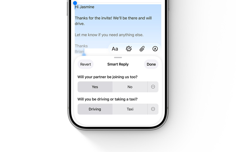 iPhone a mostrar opções de Resposta inteligente na app Mail.