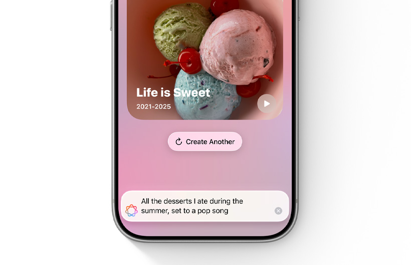 Capa de uma nova memória personalizada com base na descrição introduzida no campo de texto na app Fotografias.