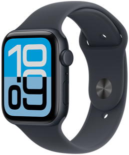 Apple Watch SE 3, kast van aluminium, kleur middernacht, wijzerplaat Flux, rechterkant, Digital Crown, microfoon, zijknop, middernacht sportbandje, zilverkleurige pinsluiting