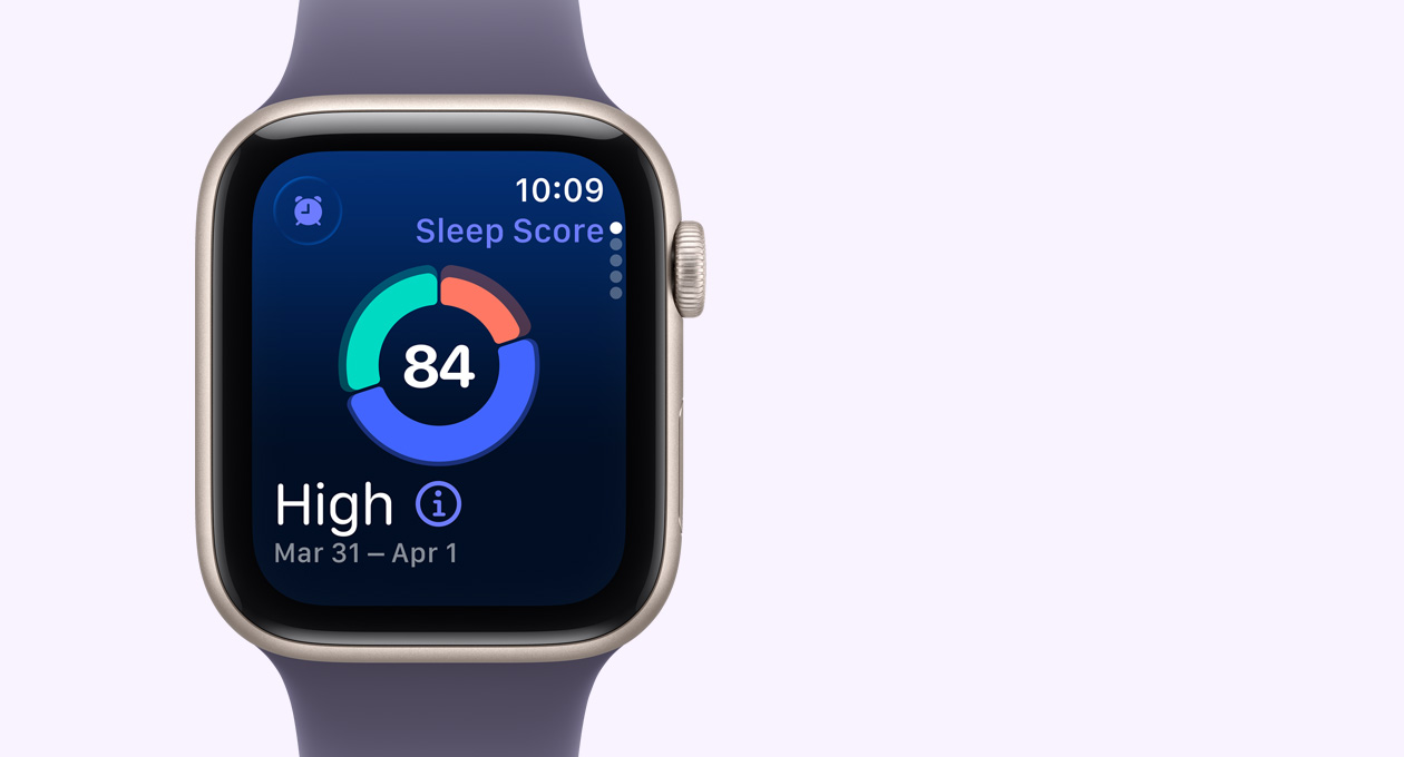 Apple Watch SE 3, kast van aluminium, kleur sterrenlicht, cirkeldiagram van slaapscore op display, rechterkant, Digital Crown, sportbandje, kleur zachtpaars