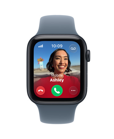 Apple Watch SE 3, kast van aluminium, kleur middernacht, binnenkomend telefoontje, contactfoto, knoppen om gesprek aan te nemen of te weigeren, rechterkant, Digital Crown, sportbandje, kleur zachtpaars