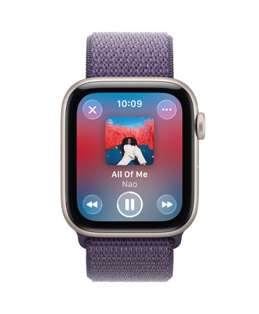 Apple Watch SE 3, kast van aluminium, kleur sterrenlicht, media afspelen, Apple Music, rechterkant, Digital Crown, bandje, geweven sportbandje, kleur zachtpaars