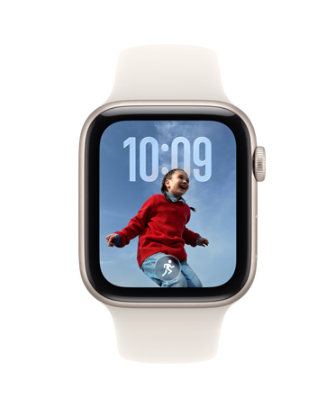 Apple Watch SE 3, kast van aluminium, kleur sterrenlicht, Slimme Stapel-suggestie, suggestie voor Traditionele Krachttraining, rechterkant, Digital Crown, sportbandje, kleur sterrenlicht