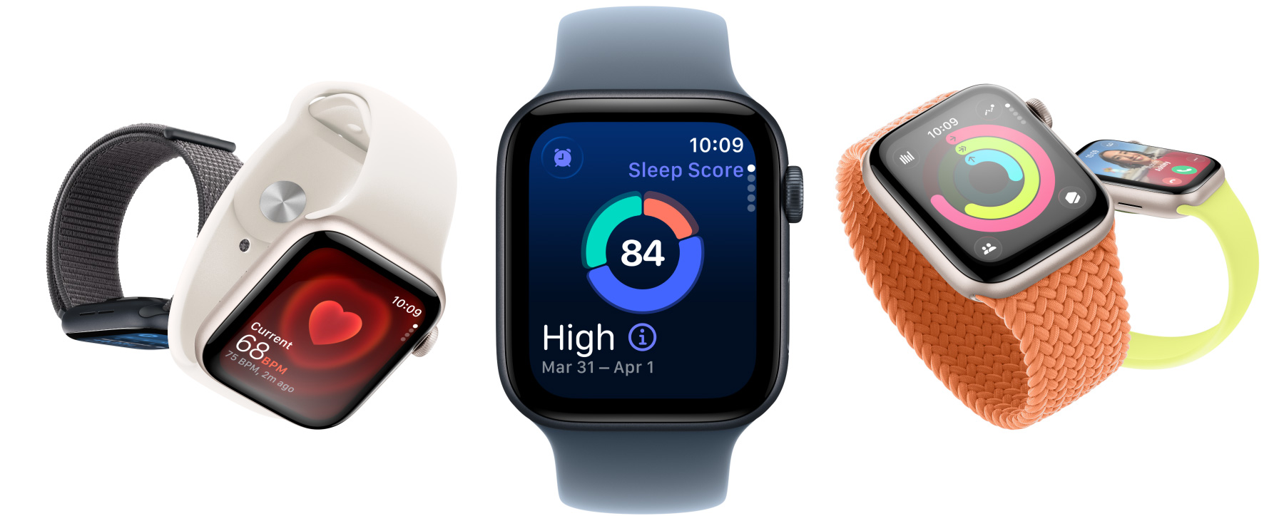 Apple Watch SE 3-devices, kasten van aluminium, kleuren sterrenlicht en middernacht, schermen: Vitale Functies-app, Hartslag-app, Slaapscore, Activiteit-ringen, binnenkomend telefoontje