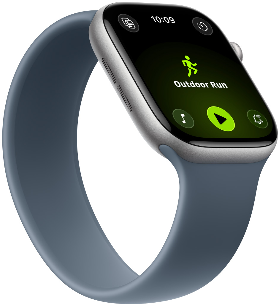 Apple Watch Series 11 com caixa em alumínio cinzento sideral, treino de Corrida (ar livre), controlos da Apple Music na parte inferior do ecrã, Bracelete Solo azul‑âncora