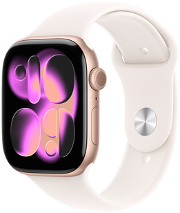 Apple Watch Series 11, couleur or rose, boîtier en aluminium, cadran Responsive Art, côté droit, Digital Crown, micro, bouton latéral, Bracelet Sport, couleur rose tendre, système de fermeture argent à clou et passant