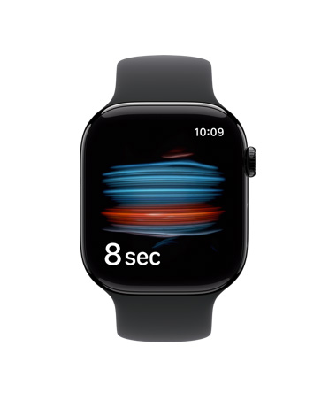 Apple Watch Series 11 com caixa em alumínio preto brilhante polido, app Saúde a fazer uma leitura do oxigénio no sangue, Bracelete desportiva preta
