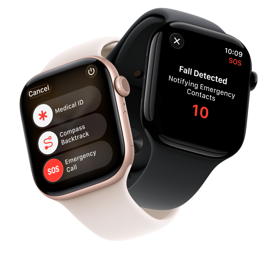 Dispositivos Apple Watch Series 11 com caixas em alumínio rosa‑dourado e preto brilhante polido, funcionalidades de segurança no ecrã: ficha médica, regresso (bússola) e chamada de emergência, Braceletes desportivas rosa leve e preto