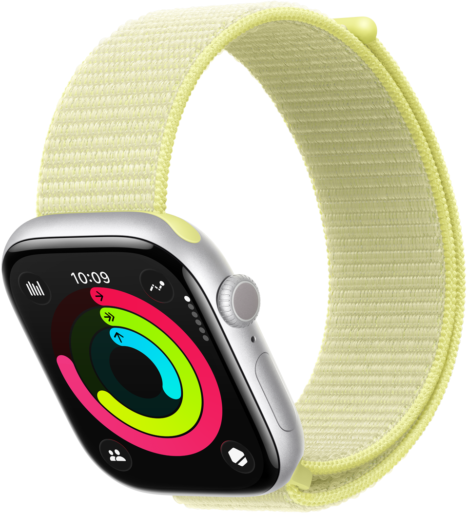 Apple Watch Series 11, color plata, caja de aluminio, círculos de Actividad: Moverse, Ejercicio, Pararse, parte lateral derecha, Digital Crown, botón lateral, micrófono, correa loop deportiva amarillo neón