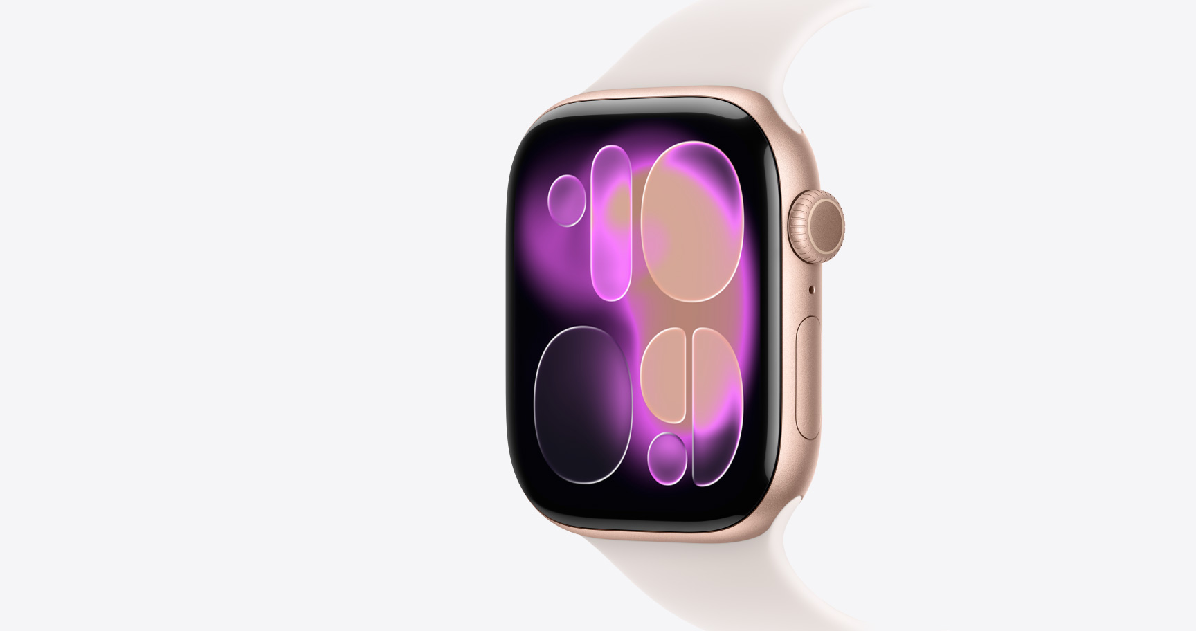 Apple Watch Series 11, color oro rosa, caja de aluminio, carátula Responsive Art, parte lateral derecha, Digital Crown, micrófono, botón lateral, correa deportiva, color rosa rubor