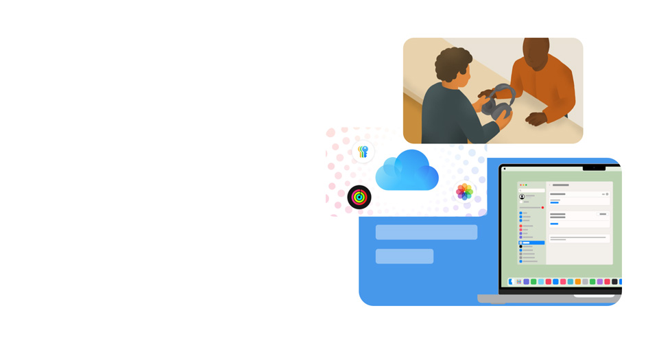 Illustration d’une personne de l’équipe experte Apple qui tient des écouteurs. En dessous se trouve une illustration de l’écran d’un MacBook affichant les Réglages Système, et une illustration d’icônes représentant Mots de passe, iCloud, Apple Fitness et Photos.