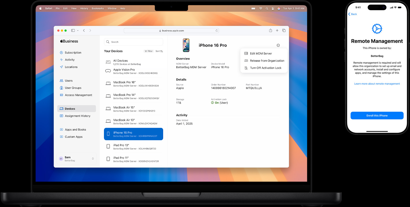 MacBook and iPhone, MacBook screen shows Safari and Touch ID window with prompt to use fingerprint to sign in, iPhone screen shows Face ID set up screen with prompt to move head slowly to complete the circle for the Face ID scan.