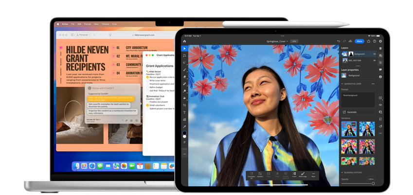 Una MacBook y un iPad muestran apps con IA integrada