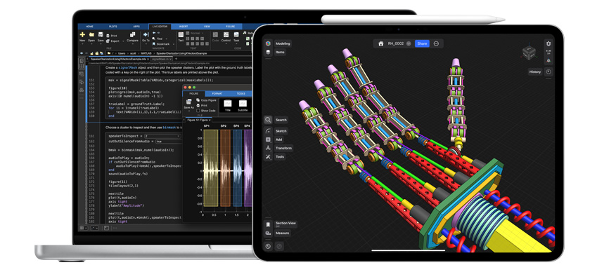 Các ứng dụng khoa học, công nghệ, kỹ thuật và toán hiển thị trên MacBook và iPad, với Apple Pencil Pro bên cạnh iPad.