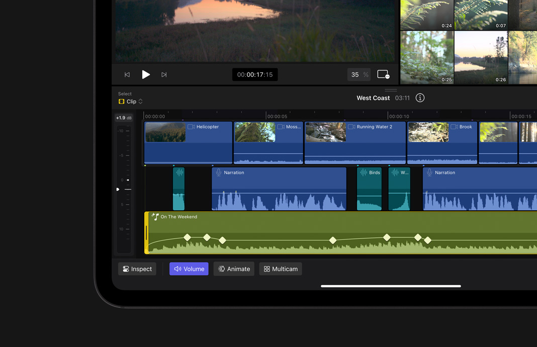 Animación de un video agregando cuadros clave en Final Cut Pro para el iPad en un iPad Pro.