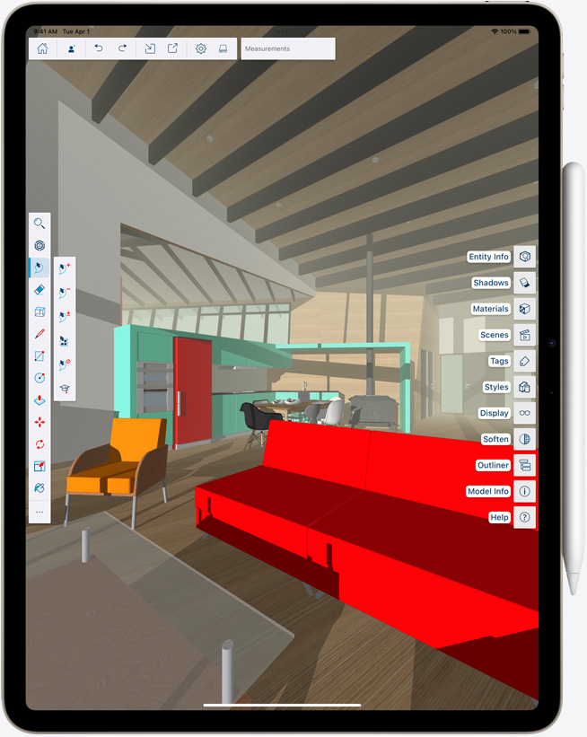 iPad Air met een Apple Pencil eraan vastgeklikt, verticale stand, kleurrijke afbeelding op het scherm