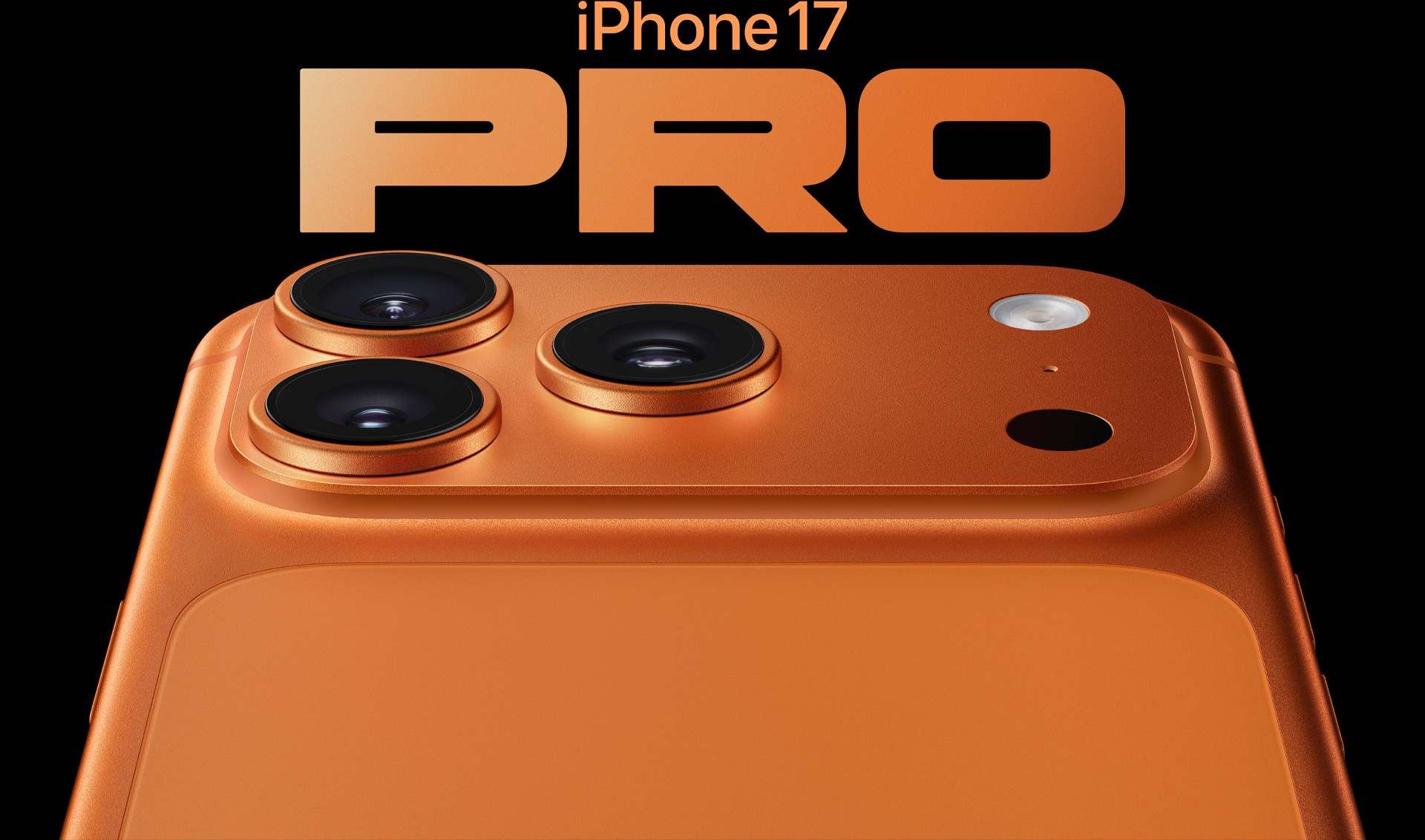 iPhone 17 Pro, φινίρισμα σε κοσμικό πορτοκαλί, μερικό εξωτερικό πίσω μέρος, σύστημα κάμερας pro στην επάνω αριστερή γωνία, 3 φακοί, μικρόφωνο, φλας