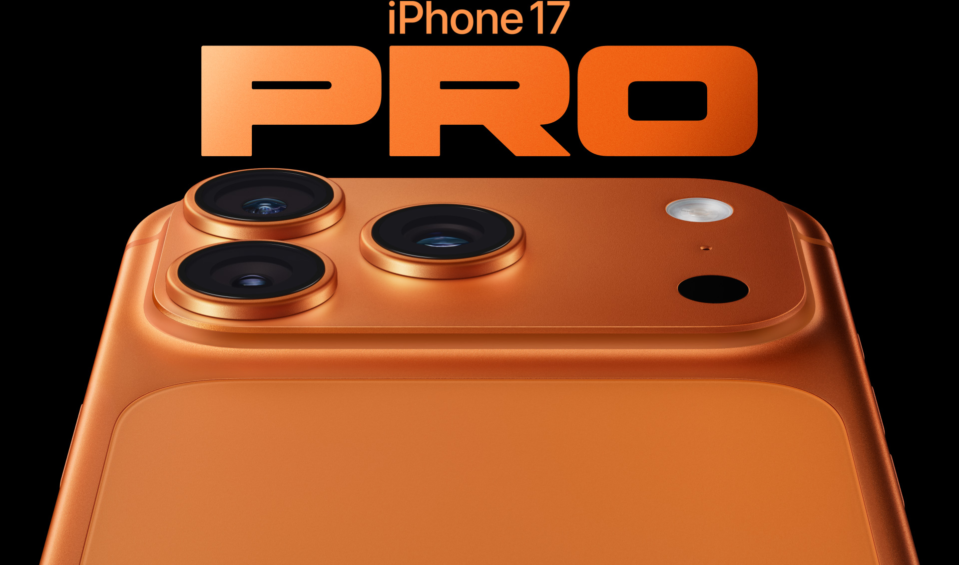 iPhone 17 Pro, κοσμικό πορτοκαλί φινίρισμα, μέρος της πίσω εξωτερικής όψης, σύστημα κάμερας pro στην πάνω αριστερή γωνία, 3 φακοί, μικρόφωνο, φλας