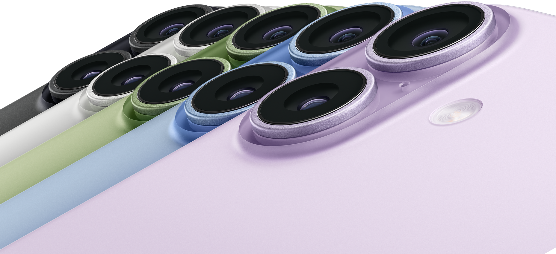 Vista traseira de cinco dispositivos iPhone 17, com câmaras Fusion no canto superior esquerdo, nas cores: preto, branco, verde sálvia, azul‑névoa e lavanda