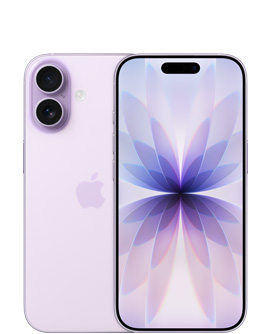 Vista traseira do iPhone 17, na cor lavanda, com sistema de câmara Dual Fusion no canto superior esquerdo e logótipo Apple no centro. Vista frontal, na cor lavanda, com Dynamic Island centrada em cima