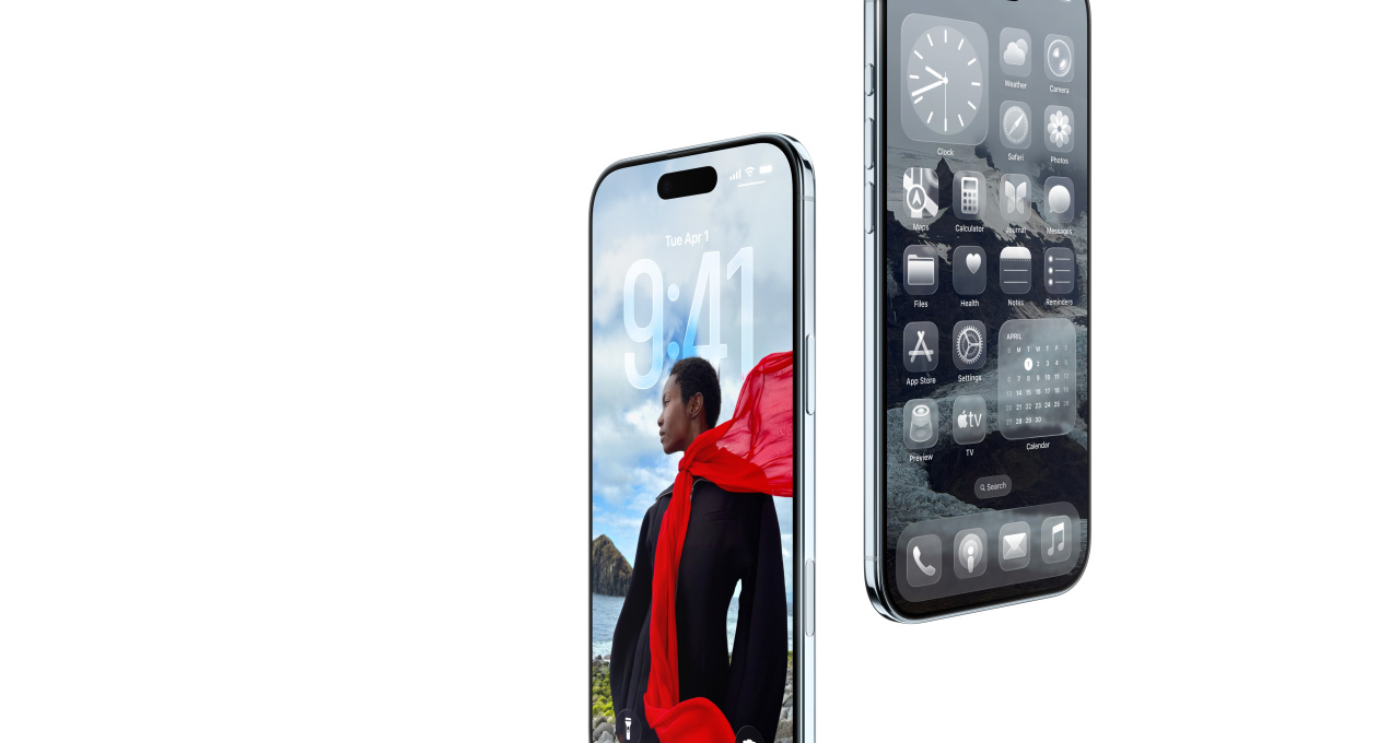 Vista frontal e lateral de dois dispositivos iPhone Air, com perfil fino, Ecrã bloqueado dinâmico, ecrã principal com apps em Liquid Glass