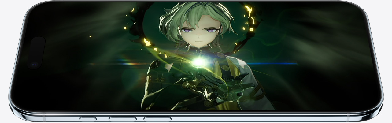 iPhone Air, front exterior, side exterior, showing a static from a game, buttons: Action, volume