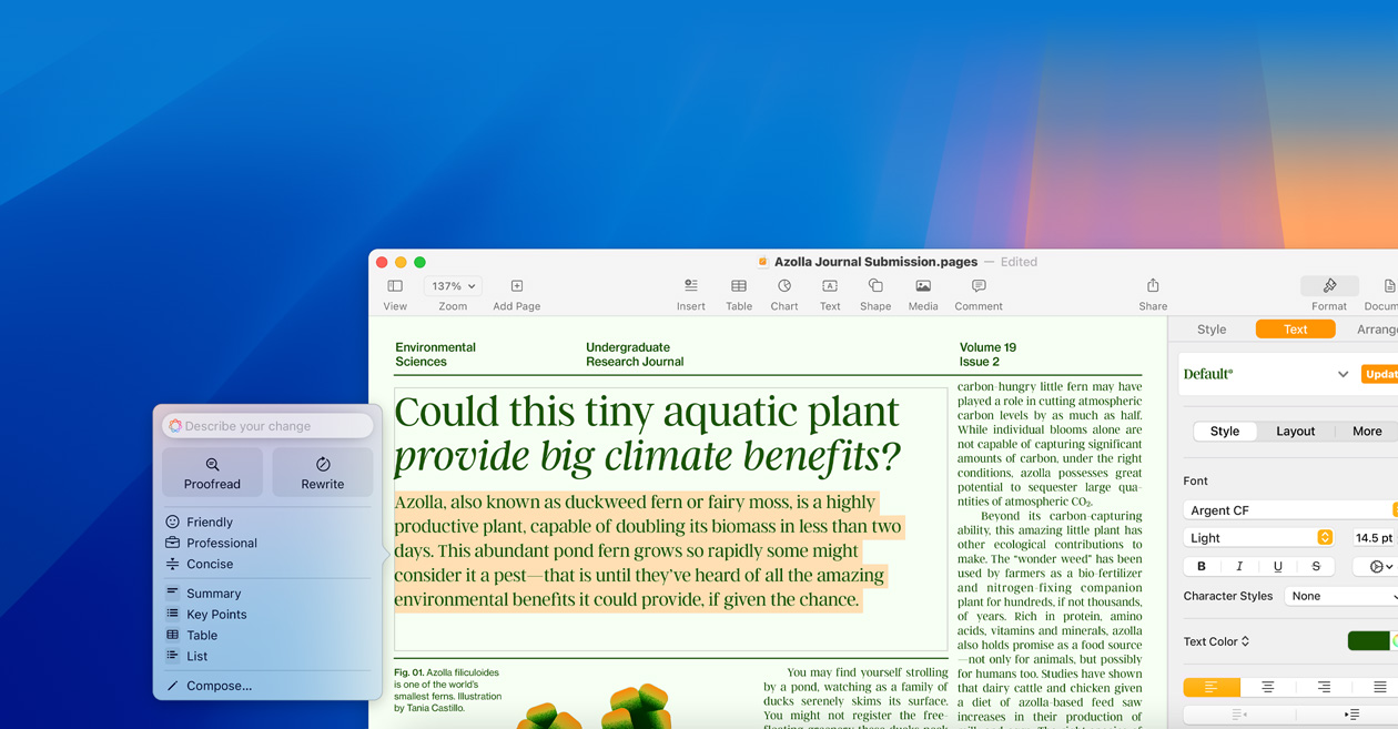 Ecrã a mostrar a utilização da funcionalidade de edição nas ferramentas de escrita da Apple Intelligence