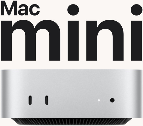 Vista frontal do Mac mini prateado com portas frontais e luz indicadora.