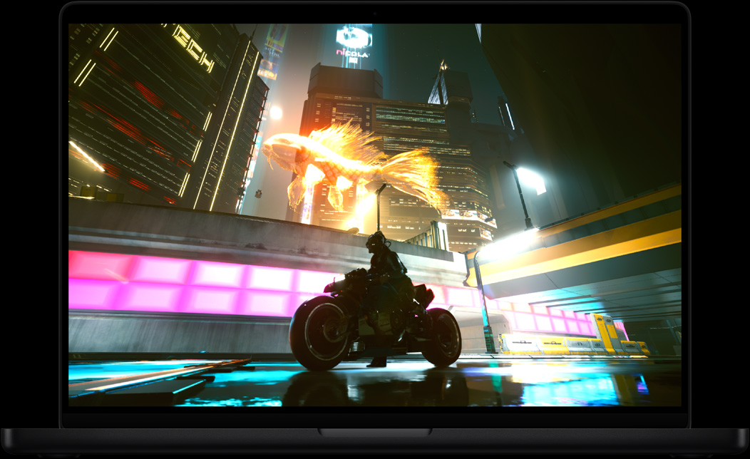شاشة MacBook Pro تعرض لعبة Cyberpunk 2077: Ultimate‏