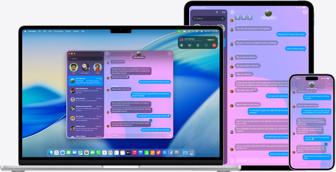 Productos Apple: una MacBook Air de 15 pulgadas, un iPad Pro de 13 pulgadas y un iPhone 16 Plus, la misma conversación de iMessage en la pantalla de cada dispositivo